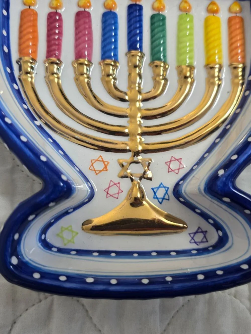 Menorah Shaped Candy Bowl Susan Fischer Weis Design Rainbow Design Ceramic Dish.